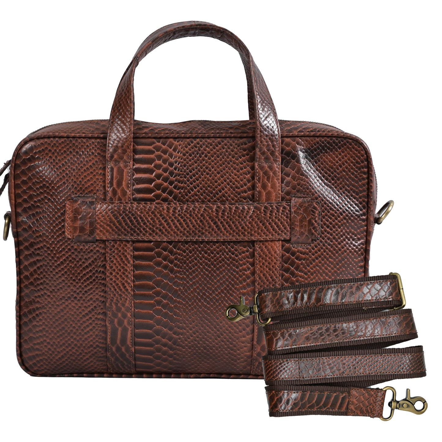 "Snake Print Genuine Leather 15-Inch Tan Color Laptop Messenger Bag with Adjustable Strap - Stylish & Durable"