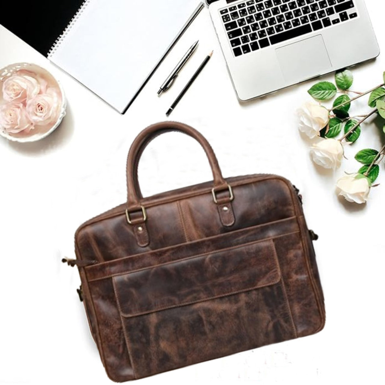 REONNDARLING Pure Hardwax Genuine Leather 15 Inches Brown color Laptop Bag/Messenge Bag with Adjustable Strap